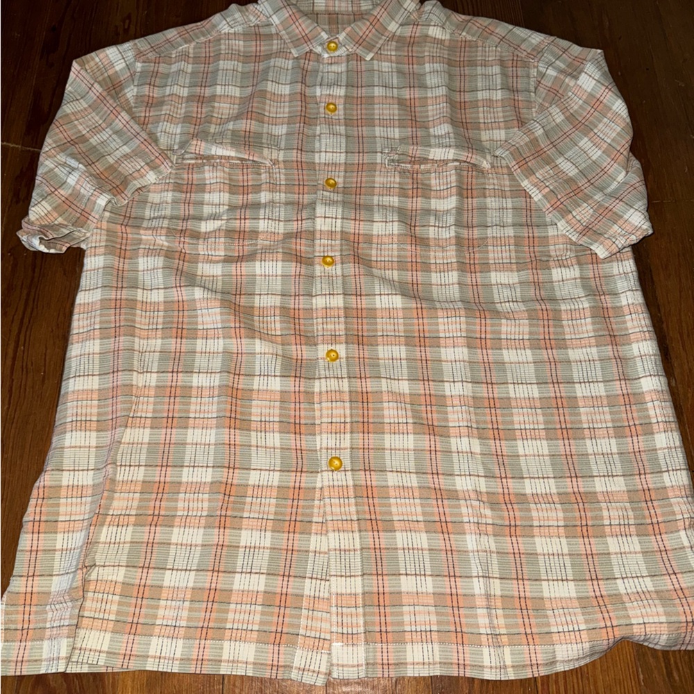 Tommy Bahama Peach and Gray Plaid Shirt